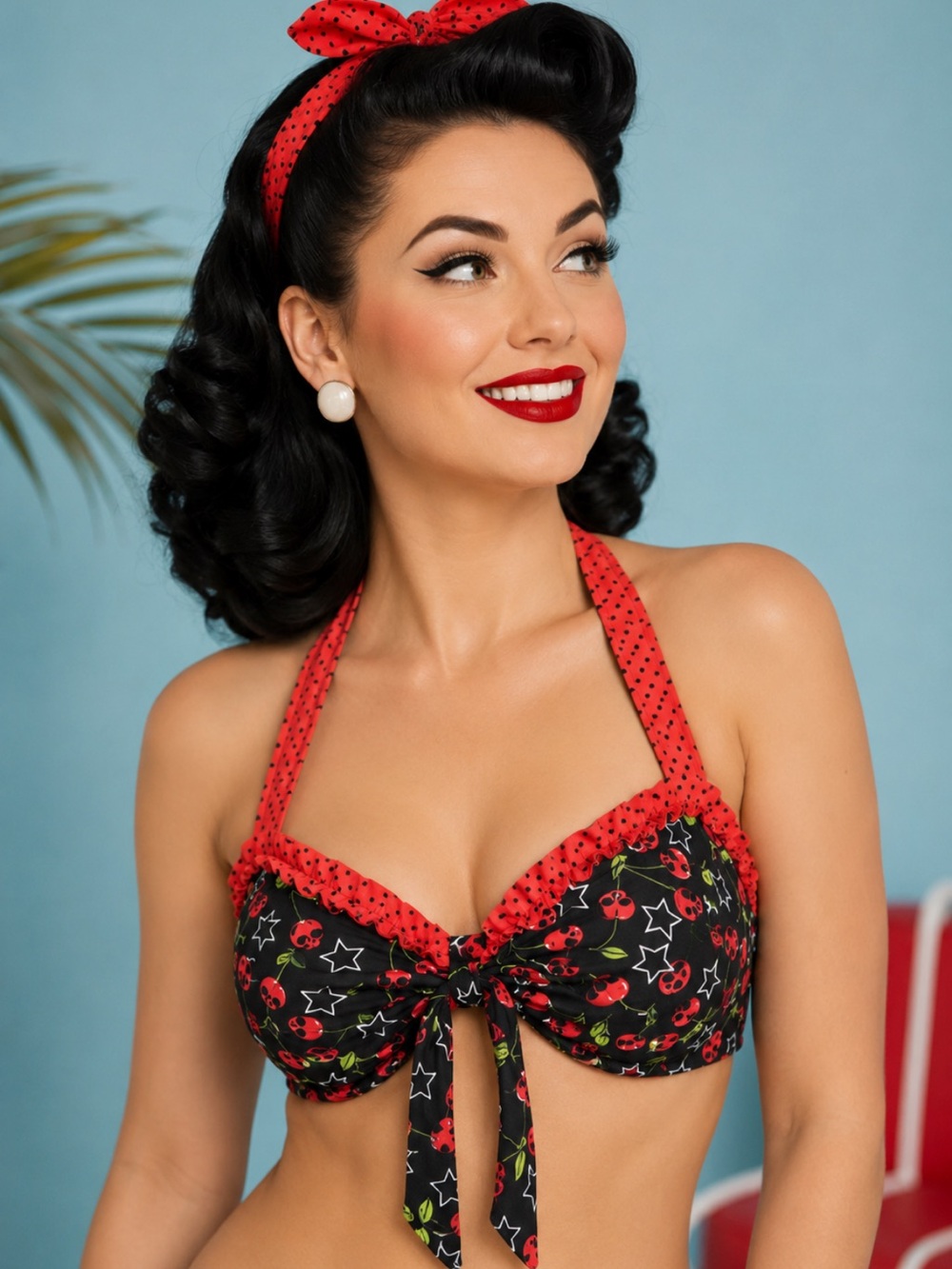 Hot Topic Lovesick Black Red Cherry Skull Print Y2K Ruffle Bikini Top NWT XL